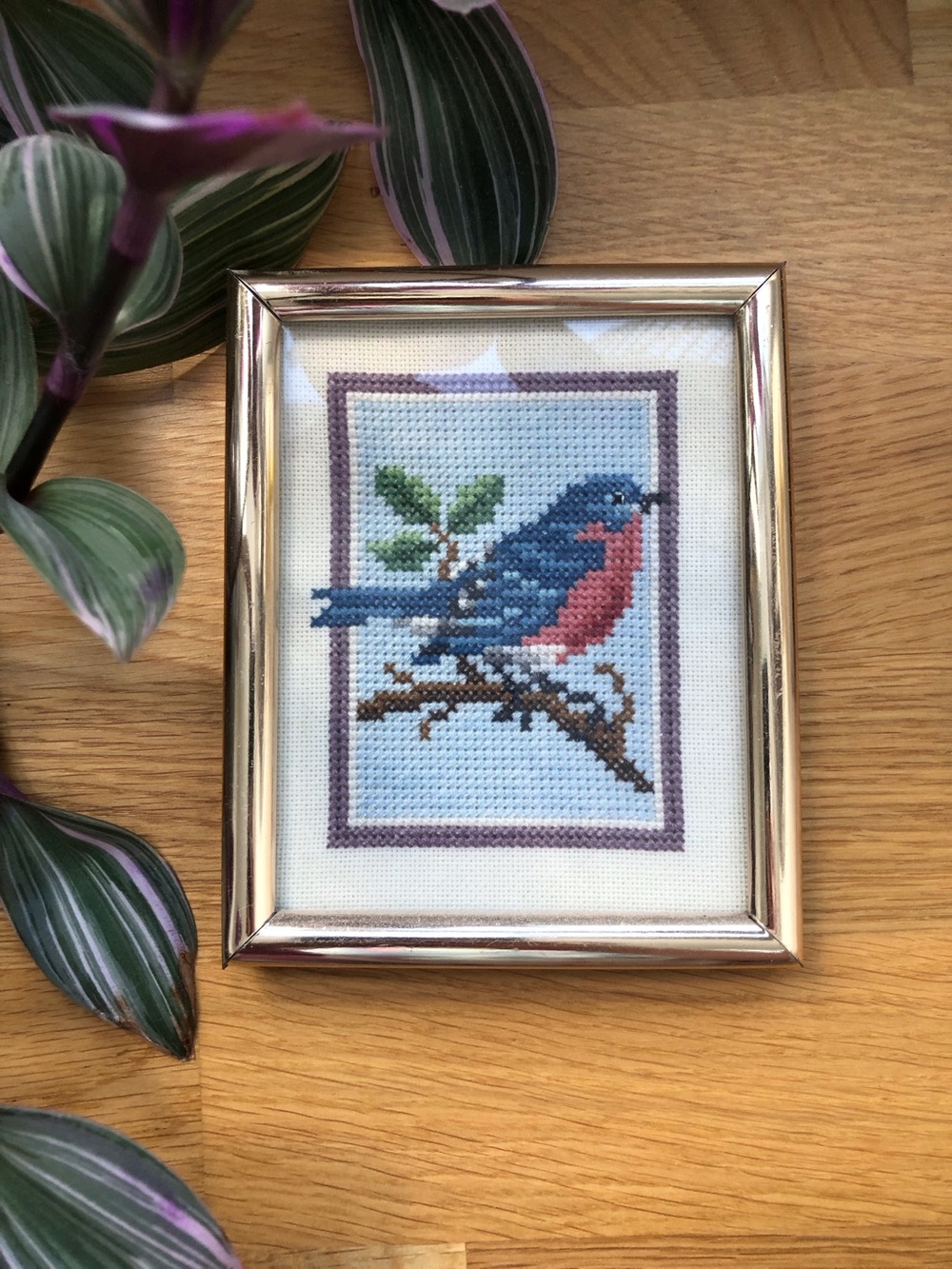 Beautiful Small Framed Cross Stitch Bluebird Bird Art Cottagecore